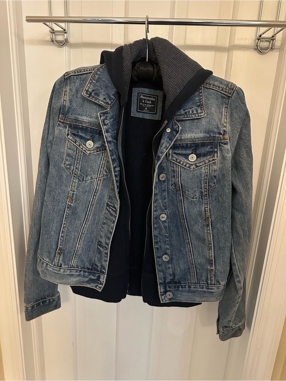 Abercrombie & Fitch Light Blue Denim Jacket with Navy Hooded Liner